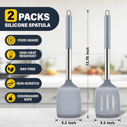 2 Pack Silicone Spatula Set, Solid & Slotted Turner for Non-Stick Pans, High Heat Resistant Silicone Spatula for Cooking, BPA-Free Stainless Steel Cooking Utensils for Fish, Eggs, Pancakes, Gray
