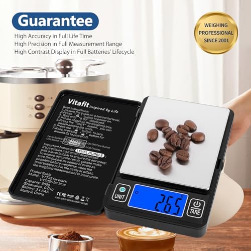 Vitafit 500g Digital Gram Scale in 0.01g, High Accuracy Assured by Built-in Level Bubble, Scale Professional Since 2001, Pocket Scale for Multi-Function: Kitchen, Food, Jewelry, Lab, Coffee, Black