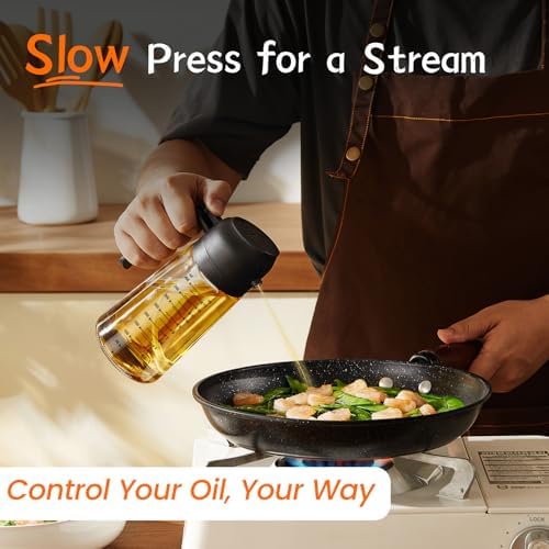 TrendPlain 16oz/470ml Glass Olive Oil Sprayer for Cooking – 2 in 1 Olive Oil Dispenser Bottle for Kitchen Gadgets and Air Fryer Accessories, Salad, BBQ - Black