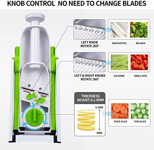 QYKIC Safe Mandoline Slicer 5 in 1 Vegetable Chopper Food Potato Cutter, Strips Julienne Dicer Adjustable Thickness 0.1-8 mm Kitchen Chopping Artifact Fast Meal Prep