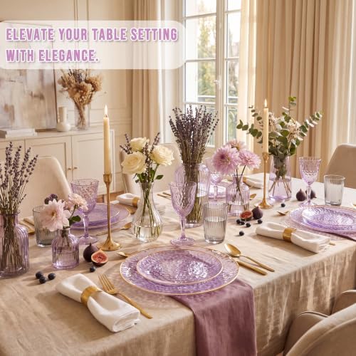 Rubtlamp 60Pcs Clear Purple Gold Plastic Plates, Purple Disposable Plates With Gold Rim, Hammered Plastic Plates Include 30 Clear Dessert Plates, 30 Dinner Plates for Party