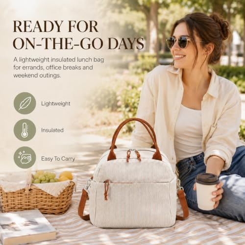 Bluboon Lunch Box for Women Cute Lunch Bag Reusable Insulated Lunch Bags Large Capacity Lunchbox Cooler for Work Picnic or Travel Gifts (Light Khaki White Stripes-13L, 10 x 7.5 x 8 inches)