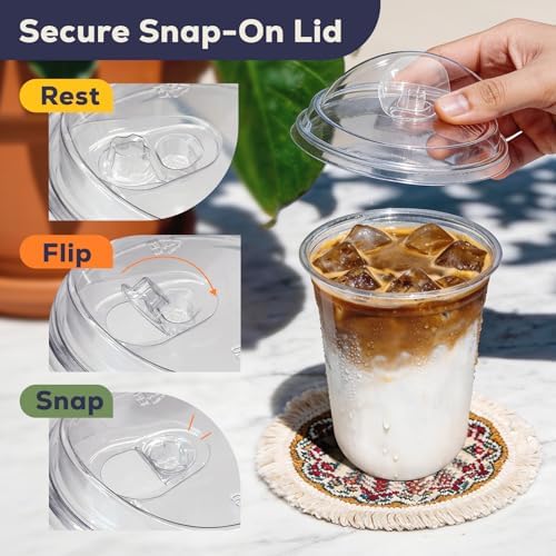 Fit Meal Prep 100 Pack 16 oz Round Bottom Clear Plastic Cups with Strawless Sip Lids, Disposable Iced coffee cups with lids, BPA-Free To Go Cups for Smoothies, Pink Drinks, Party Drinks, Cold Beverage