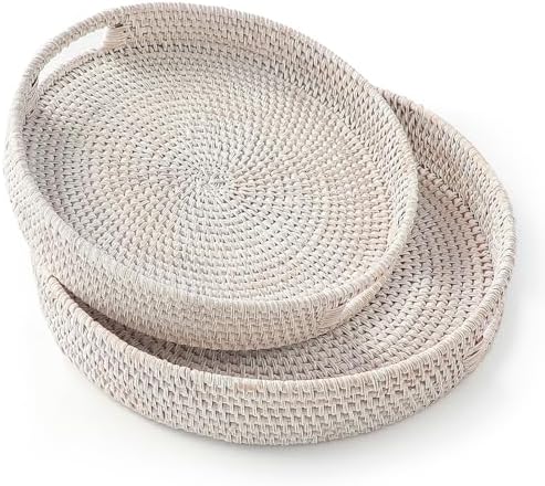 HITOMEN Hand-Woven Round Rattan Serving Tray Decorative Ottoman Wicker Platter with Handles for Coffee Table, Breakfast, Drinks, Snack, Bread, Fruit, Vegetables (Whitewash Set of 2: M+L)