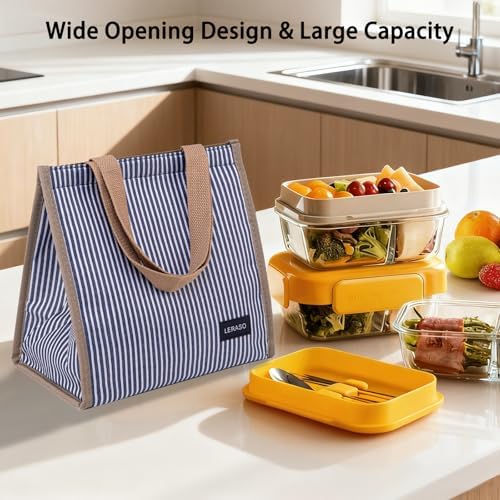 Insulated Lunch Bag for Work, 10.2"x5.9"x10.2" Oxford Waterproof Lunch Tote, Thermal Lunch Box for Office, Picnic & Outdoor, Blue and White Striped Canvas Tote Bag