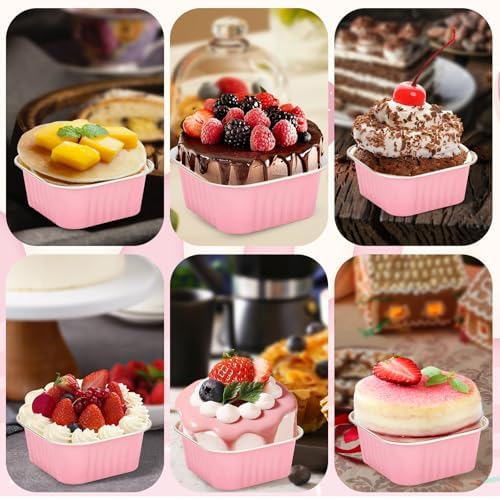 30Pack 5oz Pink Mini Cake Pans with Lids and Spoons Baking Cups Aluminum Foil Pans Tins, Individual Dessert Cups Containers for Sales,Party,Picnics