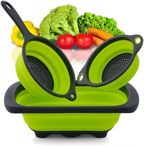 3PCS Green Foldable Kitchen Strainer Set – Silicone Colander Collapsible Strainers and Colanders Green Collander for Kitchen Collapsible Compact Drain Tools for Cooking Prep