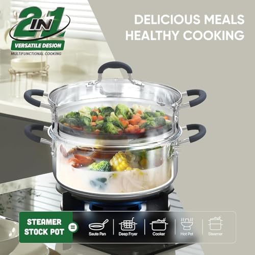 Sunhouse: 2-Tier Stainless Steel Steamer Pots - 3.1 Quart - Tempered Glass Lid, 3-Ply Bottom, Vegetable-Dumpling-Food Cookware, Dishwasher & Oven Safe