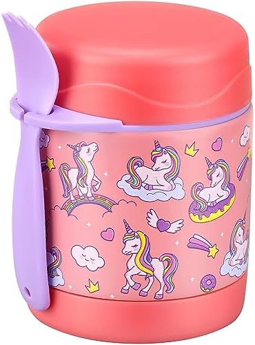 10oz Soup Thermo for Hot Food Kids,Lunch Thermo Kids Food Jar with Spoon Hot Insulated Food Containers,Leak Proof Stainless Steel Wide Mouth Lunch Thermo Jar for School(Pink-Unique Horse)