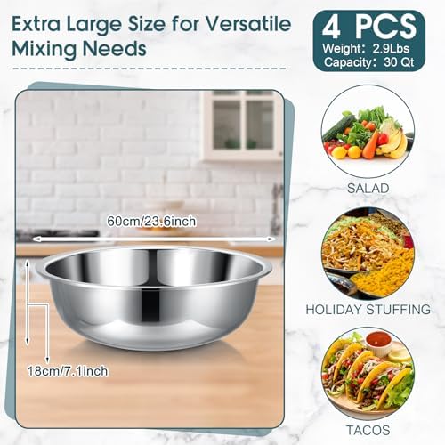 Nuogo 4 Pcs Stainless Steel Mixing Bowls Large for Salad, 24 Inch 30 Qt