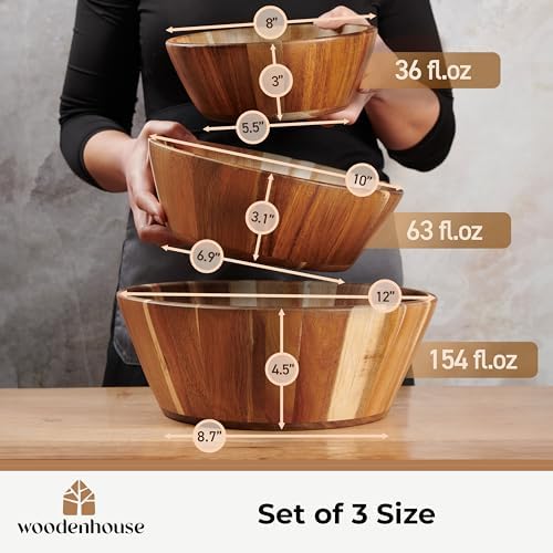Wooden Salad Bowl Set of 3, Round 12" 10" 8" Wood Bowls for Serving Food