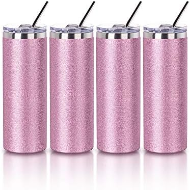 PYD Life 4 Pack Sublimation Tumblers Skinny 20 OZ Glitter Pink with Straw