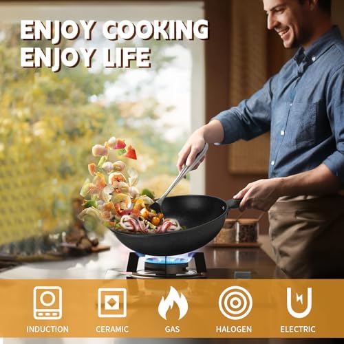 AOSION 13'' Nonstick Wok, Woks & Stir-Fry Pans with Lid and Steamer Basket