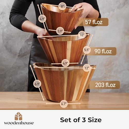 Wooden Salad Bowl Set of 3, Wavy 12" 10" 8" Wood Serving & Mixing Bowls