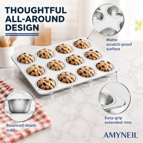 12-Cup Muffin Pan, Stainless Steel Cupcake Pan for Baking, 1-Pack