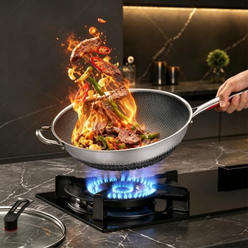 14-Inch Stainless Steel Wok Pan with Glass Lid - Tri-Ply Nonstick Wok & Stir-Fry Pan, PFOA Free Uncoated Cookware for All Cooktops, Induction Compatible, Flat Bottom