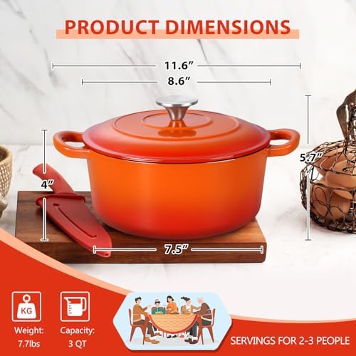 E-far 3 Qt Enameled Cast Iron Dutch Oven with Lid, Small Round Nonstick Dutch Oven Pot for Bread Baking Braising Stews Roasting Cooking, Heavy Duty, Induction & Oven Safe - Orange