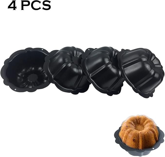 4 Inch Fluted Tube Cake Pan, Nonstick Mini Kugelhopf Mold, Carbon Steel Fluted Baking Cake Pans, Metal Round Pumpkin Shaped Mould for Muffin, Brownie, Pudding - Black, Set of 4