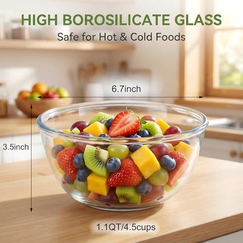 Borosilicate Glass Bowls Set of 4 (6.7 Inch, 1.1 QT) - Heavy-Duty, Scratch Resistant & Lead-Free, Oven to Freezer Safe, Perfect for Meal Prep, Baking, Serving, Entertaining