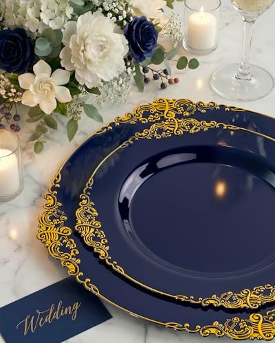 Nervure 350Pcs Blue Plastic Plates, Disposable Dinnerware Set for 50 Guests