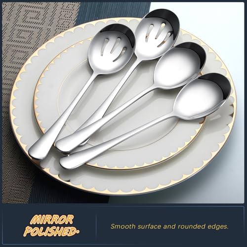 4-Piece Serving Spoon Set - Includes 2 Serving Spoons and 2 Slotted Spoons, Large Cutlery for Catering Buffet, Mirror Polished, Dishwasher Safe, 8.7 Inches