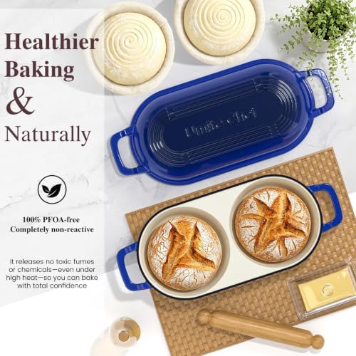 Umite Chef Mini Double Dutch Oven for Sourdough Bread Baking - Enameled Cast Iron Dutch Oven Pot with Lid and 5" Banneton Bread Proofing Basket Kit, Dual Round Bread Loaf Pan for Bread Baking (Blue)