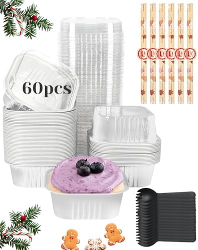 YQER 60 Pack 10oz Mini Cake Pans with Lids, Spoons, Stickers - Disposable Square Brownie Baking Cups - Individual Small Aluminum Foil Loaf Tins for Muffin, Ramekins, Cupcake - White Valentines, Sliver