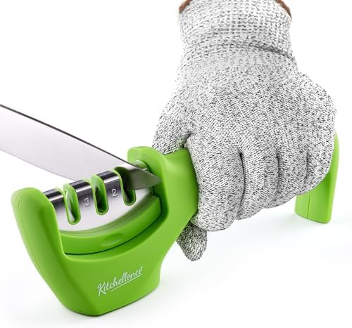 4-in-1 Kitchen Knife Accessories: 3-Stage Knife Sharpener Helps Repair, Restore and Polish Blades and Cut-Resistant Glove