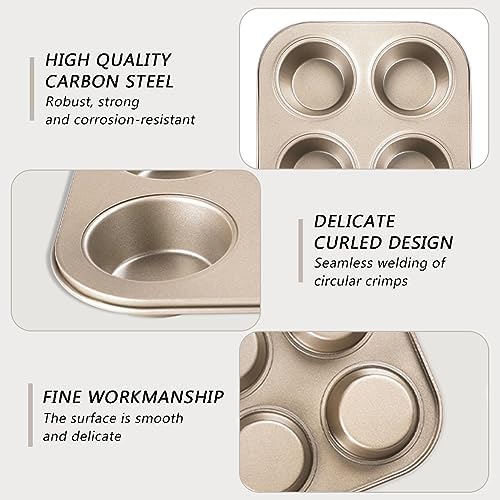 4-Hole Muffin Pan, Bakeware Non-stick Cupcake Baking Pan Mini Pie Pans, Heavy Duty Carbon Steel Muffin Tray Standard Baking Mold Pan for Oven Bakings (COLOR:Gold, 1pc)