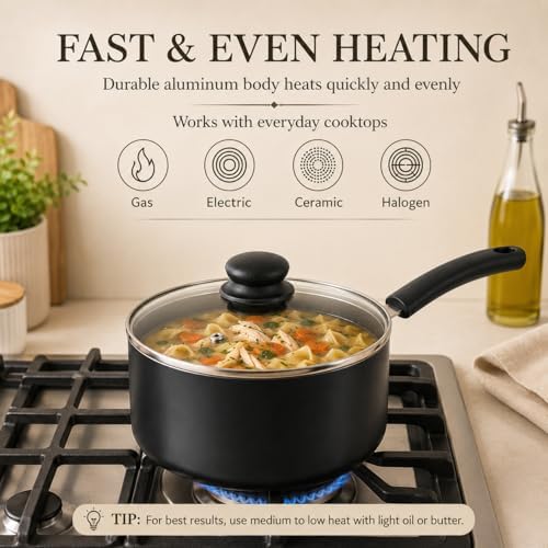 MICHELANGELO Nonstick Saucepan with Lid, Ceramic Sauce Pan Sets, Easy to Clean Sauce Pans, Multi-Purpose Cooking Pots, 4QT, Black