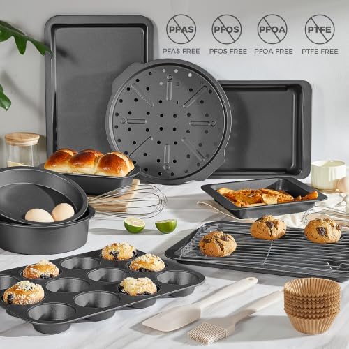HONGBAKE Bakeware Sets, Baking Pans Set, 12 Pieces Nonstick Oven Pan with 120 Muffin Liners for Kitchen, Wider Grips, Including Rack, Cookie Sheet, Cake, Loaf, Muffin, Pizza Pan - Gray