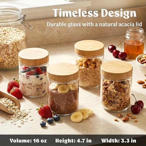 EDELHAUS Overnight Oats Containers with Lids - Glass Mason Jars, Meal Prep