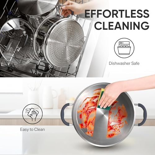 Sunhouse: 2-Tier Stainless Steel Steamer Pots - 3.1 Quart - Tempered Glass Lid, 3-Ply Bottom, Vegetable-Dumpling-Food Cookware, Dishwasher & Oven Safe