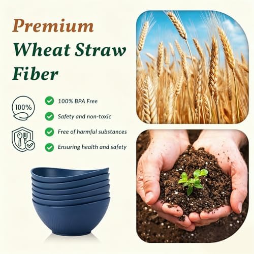 Homienly Wheat Straw Bowl Set of 6-60 OZ Large Salad Bowls,Microwave and Dishwasher Safe Bowl Set, Alternative for Plastic Bowls for Serving Soup,Popcorn Bowl for Kitchen - Blue