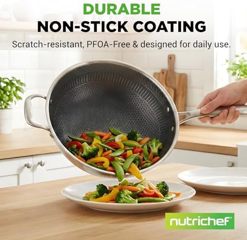 NutriChef 12" Stainless Steel Wok - Induction ready, Non Stick Tri-ply technology, Scratch-resistant Honeycomb Fire Textured Pattern