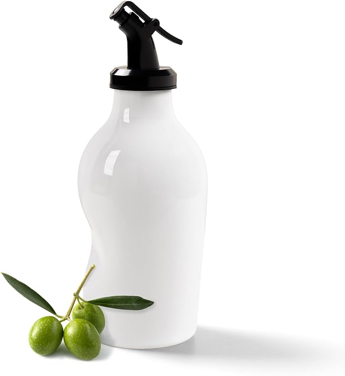 Ceramic Oil Dispenser Bottle with Acrylic Spout - Mini Kitchen Oil & Vinegar Cruet for EVOO, Avocado Oil - Easy-Grip Design, Compact Size 285ml - (White)