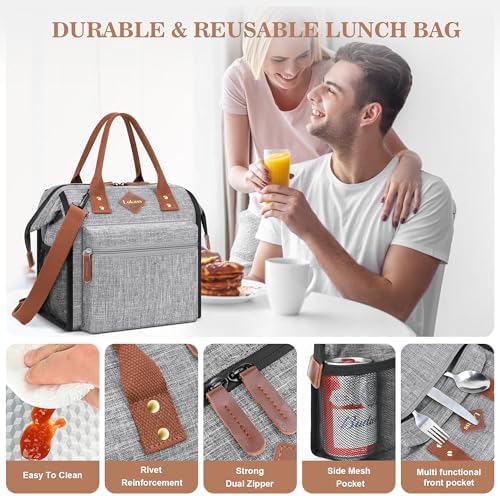 LOKASS Leak-proof Lunch Box for Women Insulated Lunch Cooler Bag Thermal Lunch Tote with Removable Shoulder Strap for Men Adults Large Picnic Bag for Office Work Outdoor, Grey