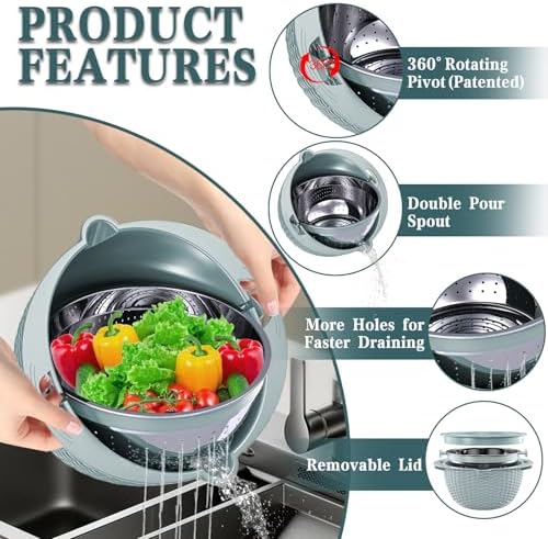 4-1 Colander with Bowl Set - Strainers for Kitchen(Patented), Food Strainers and Colanders, Pasta Strainer with New Upgraded Graters for Fruit, Veggie Washing, Aesthetic Cooking Present - Blue