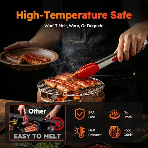 HST Non Stick Silicone Kitchen Tongs, 3 Pack 12 Inch Red BBQ Cooking Baking