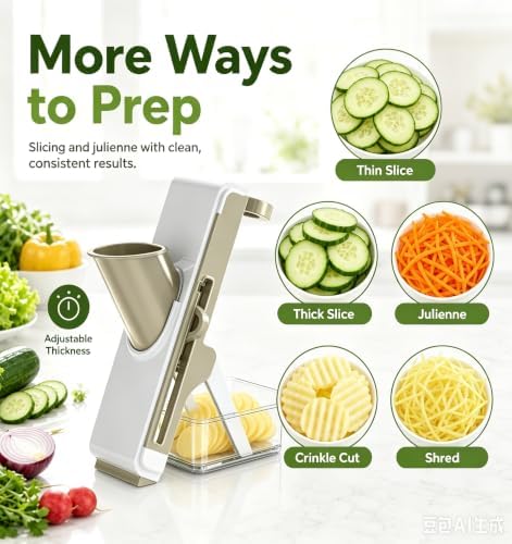 Safe Mandoline Slicer for Kitchen, Vegetable Slicer with Container, French Fry Cutter, All in 1 Julienne Slicer for Potato, Thickness Adjustable, Detachable Blade (White Light Gray)