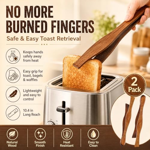 2 Pieces Wooden Toast Tongs 10.4" Reusable Bread Steak Kitchen Clamp Serving Tool Natural Wood Cooking Tong for Cooking and Holding Toast Cheese Bacon Muffin Fruits Bread BBQ
