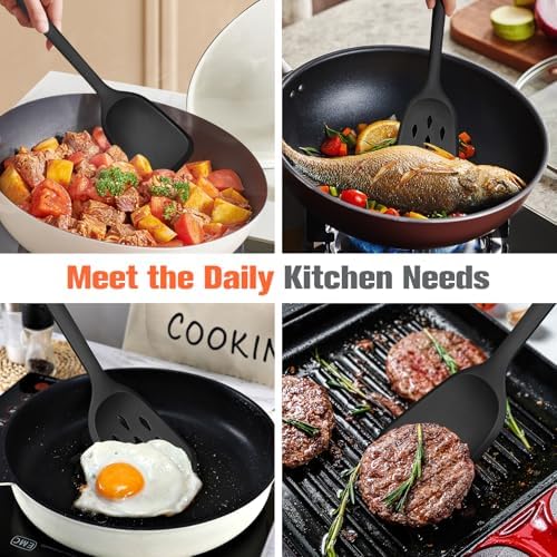 Silicone Spatula Set of 2 Pack, Heat Resistant Solid&Slotted Turner (BLACK)