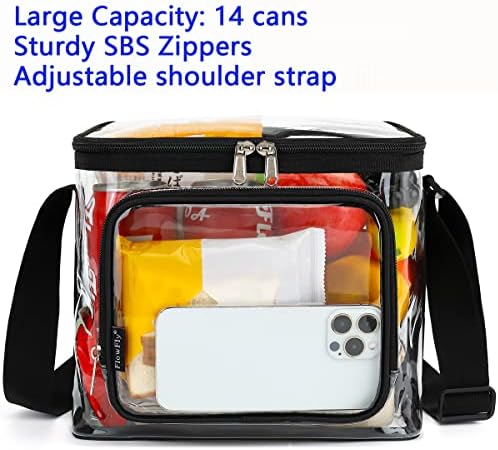 FlowFly Insulated Reusable Lunch Bag Adult Large Lunch Box for Women and Men with Adjustable Shoulder Strap,Front Zipper Pocket and Dual Large Mesh Side Pockets, Clear