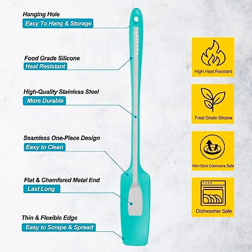 2-Pack Vovoly Silicone Jar Spatula, Long Handle Jar Spatulas, High Heat Resistant Small Rubber Spatula, Seamless Design, Stainless Steel Core, BPA Free, Teal