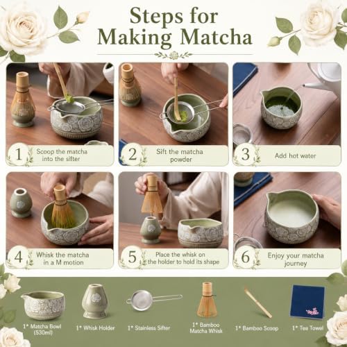 Matcha Whisk Set, 7-Pc Ceramic Matcha Bowl Kit, Bamboo Whisk,（Rose Green）