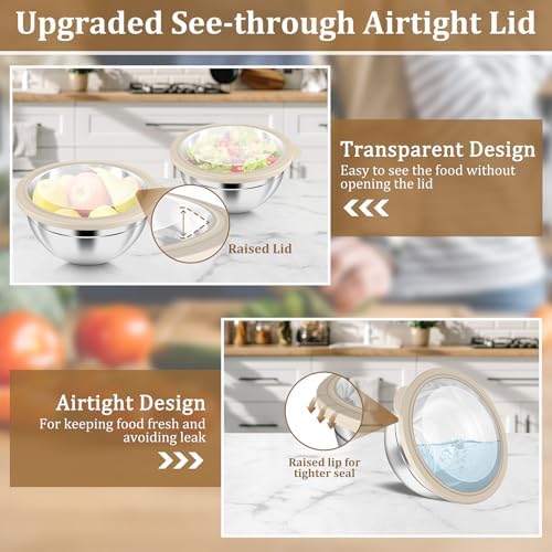 P&P CHEF Metal Mixing Bowls with Lids Set, Visible Airtight Lids & Khaki