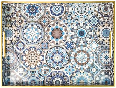 Boho Coffee Table Tray, Decorative Serving Tray with Handles, Large Tray for Ottoman,Coffee Table，Living Room Modern, Blue，