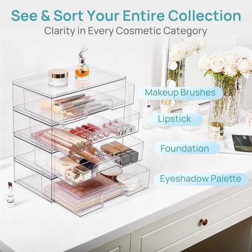 Vtopmart Clear Stackable Storage Drawers, 4 Pack Wide Plastic Organizers
