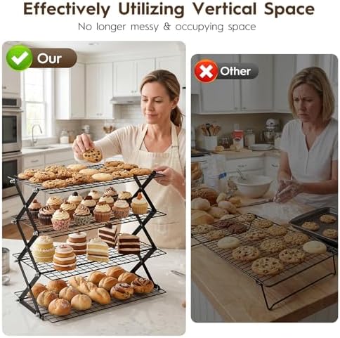 4 Tier Collapsible Cooling Rack - Upgraded Adjustable Heavy Duty Cooling Rack with 4 Setting Stackable Design - Space-Saving Folding Wire Bread Cookie Racks Cooling Baking Gifts for Women Black
