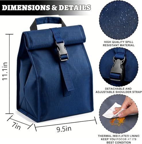 ZM-YOUTOO Insulated Foldable Lunch Bag- Lightweight Portable with Adjustable Shoulder Strap Lunch Box for Men, Women, Office, Work, Picnic, Hiking and Beach (Navy Blue(Soft Fabric))